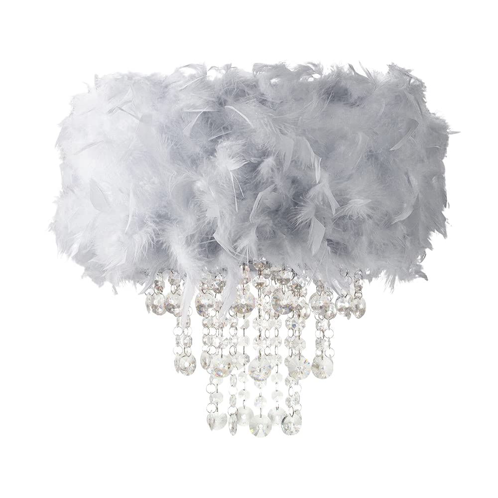 Contemporary Designer Soft Grey Feather Chandelier Pendant Light Shade with Transparent Hanging Acrylic Droplets | 32cm Diameter by Happy Homewares — image 1