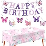 Butterfly Birthday Party Supplies Happy Birthday Banner Hanging Swirls Butterfly Themed Tablecloth for Butterfly Birthday Party Decorations (Butterfly)