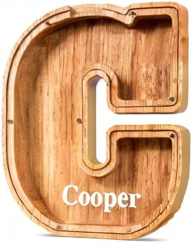 Miniatura 9 de SummiDate Alcancía de madera con nombre tamaño extragrande para niños y niñas, letras de alfabeto A-Z, monedas, billetes, cubierta transparente