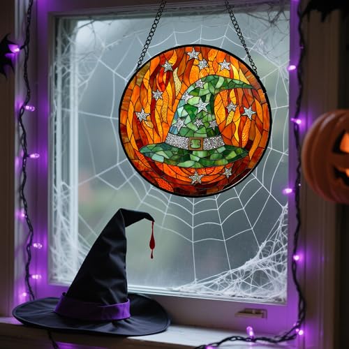 Image of Stained Glass Window Hanging - Halloween Decorations Witch Hat Suncatcher for Doors Garden Indoor Spooky Funny Green Sun Catchers Gothic Decor Horror Gifts for Women Men Friend 7.8 in