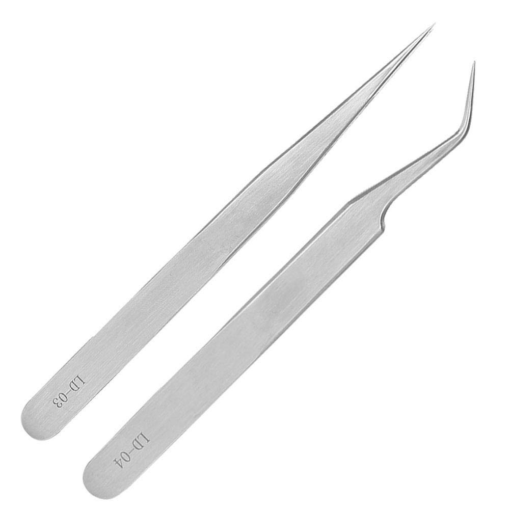 Pinzas Profesionales para Extensiones de Pestañas, Punta, Curvado Herramientas para Desprender Cejas de Acero Inoxidable para Pestañas, Gomas de Ojo, Arte de Uñas, Eliminación de Pelo (2 Piezas)
