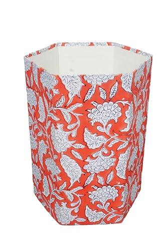 Image of 3.3 Gallon Cotton Hand Block Printed Paper Waste Basket |Small Decorative Trash Can for Housewarming Gifts in Living Room, Bedroom, Bathroom | Eco-Friendly, Plastic-Free (1, ORE. White FLOWAR)