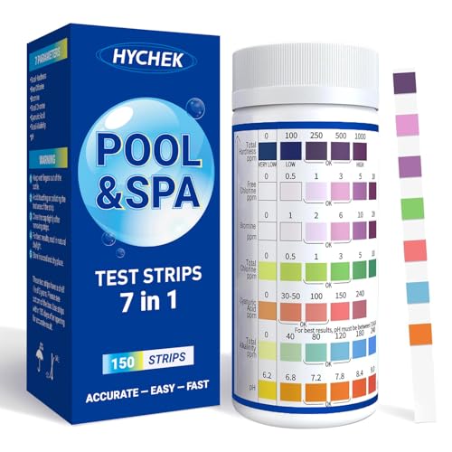 HYCHEK 7 in 1 Accurate Pool Test Strips 150-Count Hot Tub & Spa Test Strips Water Chemical Testing Kit for Bromine Chlorine pH Hardness More Fast & Easy Test Way