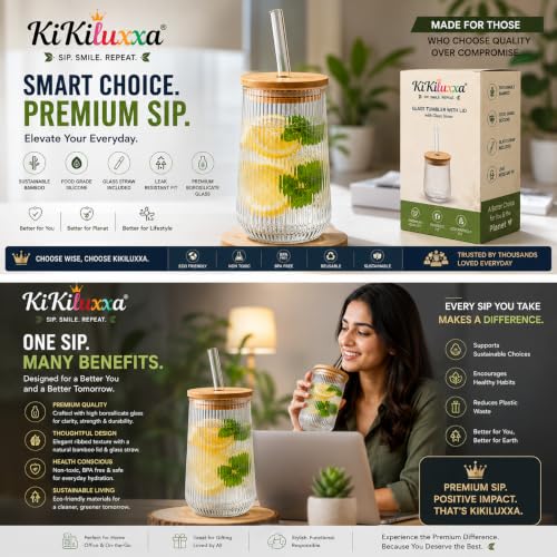 Image of KiKiluxxa 400ml Glass Tumbler with Lid and Straw | Ribbed Drinking Glass with Bamboo Lid | Reusable Glass Coffee Cup for Iced Coffee, Juice, Milkshake, Smoothie & Cold Drinks (Crystal Bloom)