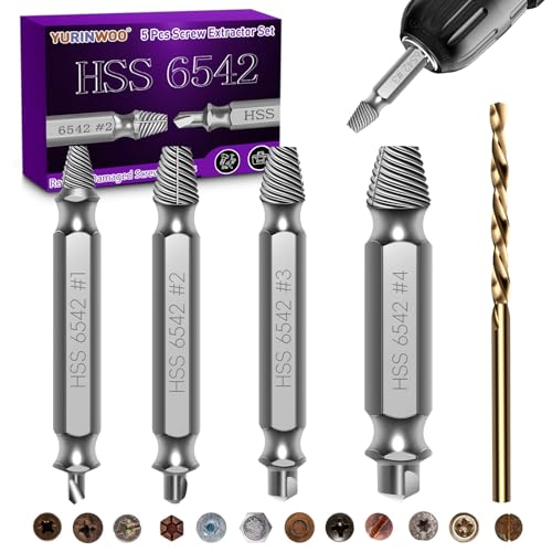 5PCS Damaged Screw Extractor Set Upgraded Model HSS 6542 Hardness is 63-65HRC Screw Grab Screw Removal Tool Adult Gifts for Men General bit Set Double Ended for Damaged Broken Stripped Screws