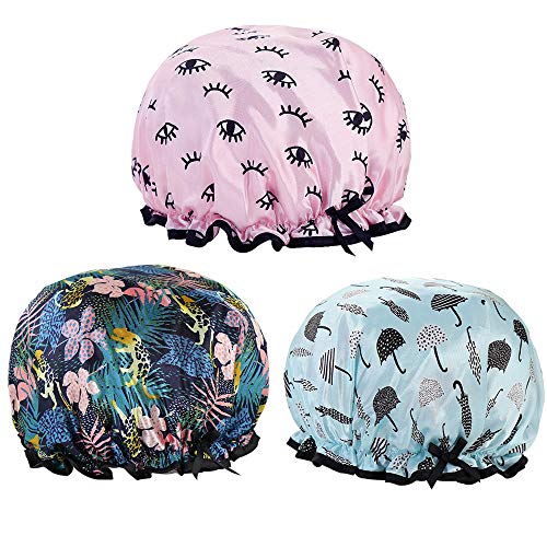 Yuauy 3 Pack Shower Caps Waterproof Double Layer Print Shower Hat for Women Luxury Bath Caps
