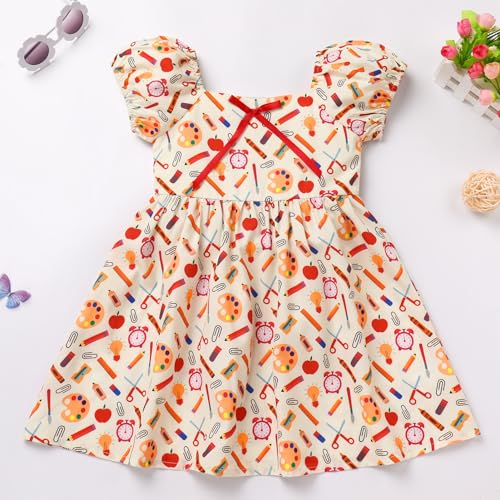 IMEKIS Toddler Kids Girls Back to School Dress Smocked Dress Pencil Print Kindergarten First Day of School Outfit 3-8T3