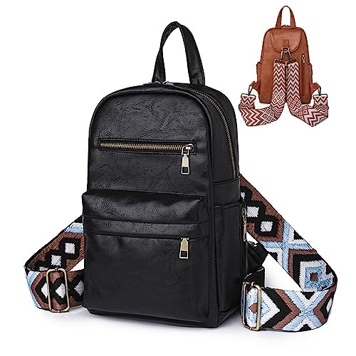 Sling Bag with 2 Guitar Strap for Women Vintage Pu Leather Chest Bag Casual Crossbody Shoulder Daypack for Hiking (black)
