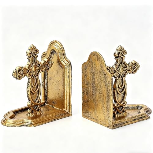 Jemeni Cast Iron Cross Bookends, Set of 2 Catholic Book Ends, Antique Gold Finish…