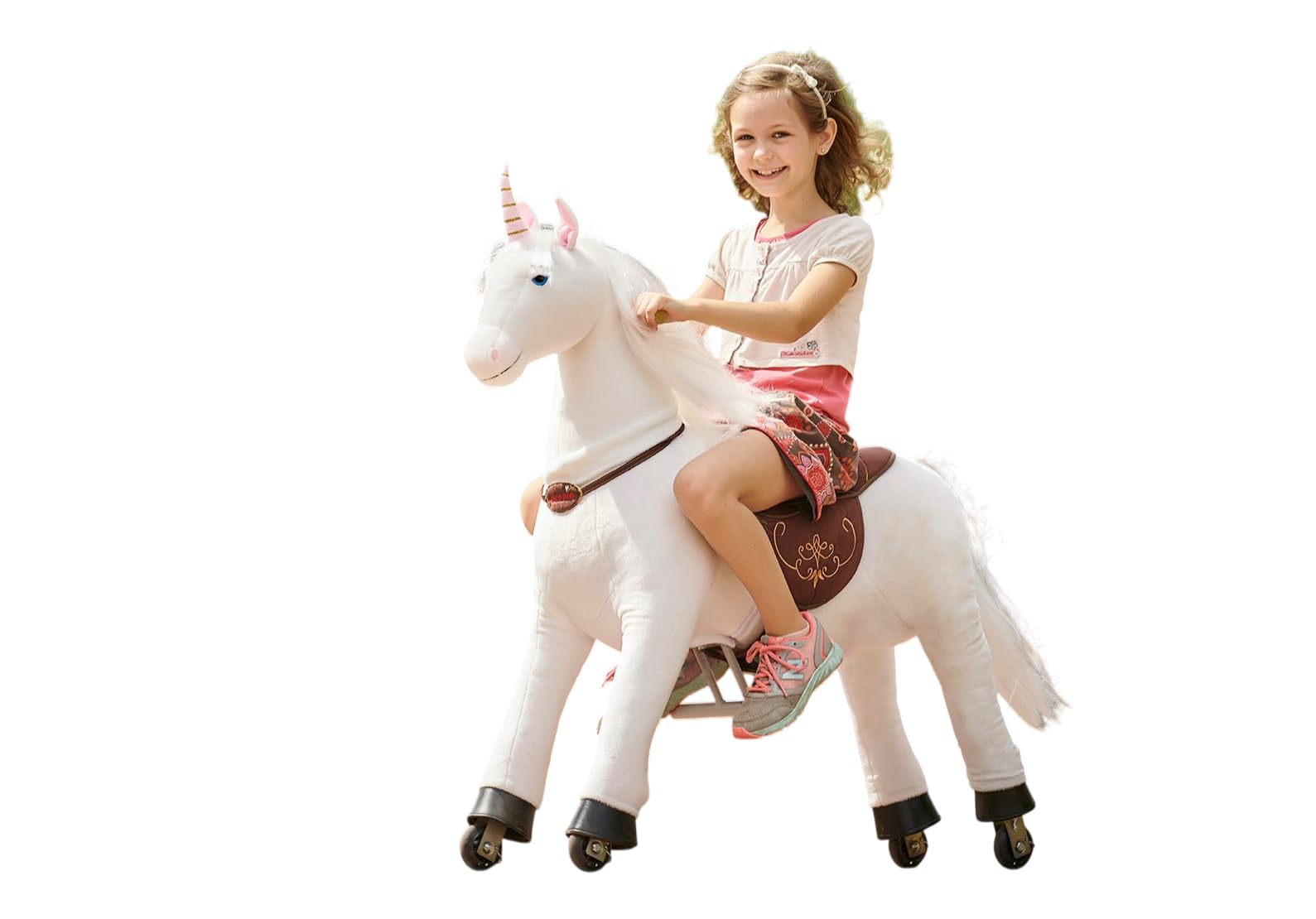 PONNIE Koń jeździecki na rolkach Unicorn M (5-12 lat), konik do zabawy konnej, ze zdejmowanym brązowym siodełkiem i uzdą, z uzdą, czesana grzywa i ogon, pluszowy koń do jazdy konnej dla dzieci