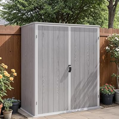 Patiowell 5x3 FT Outdoor Storage Shed with Floor, Plastic Vertical Storage Cabinet with Lockable Doors for Garden, Pool Storage, Tools and Patio Furnitrue Accessories, Light Gray