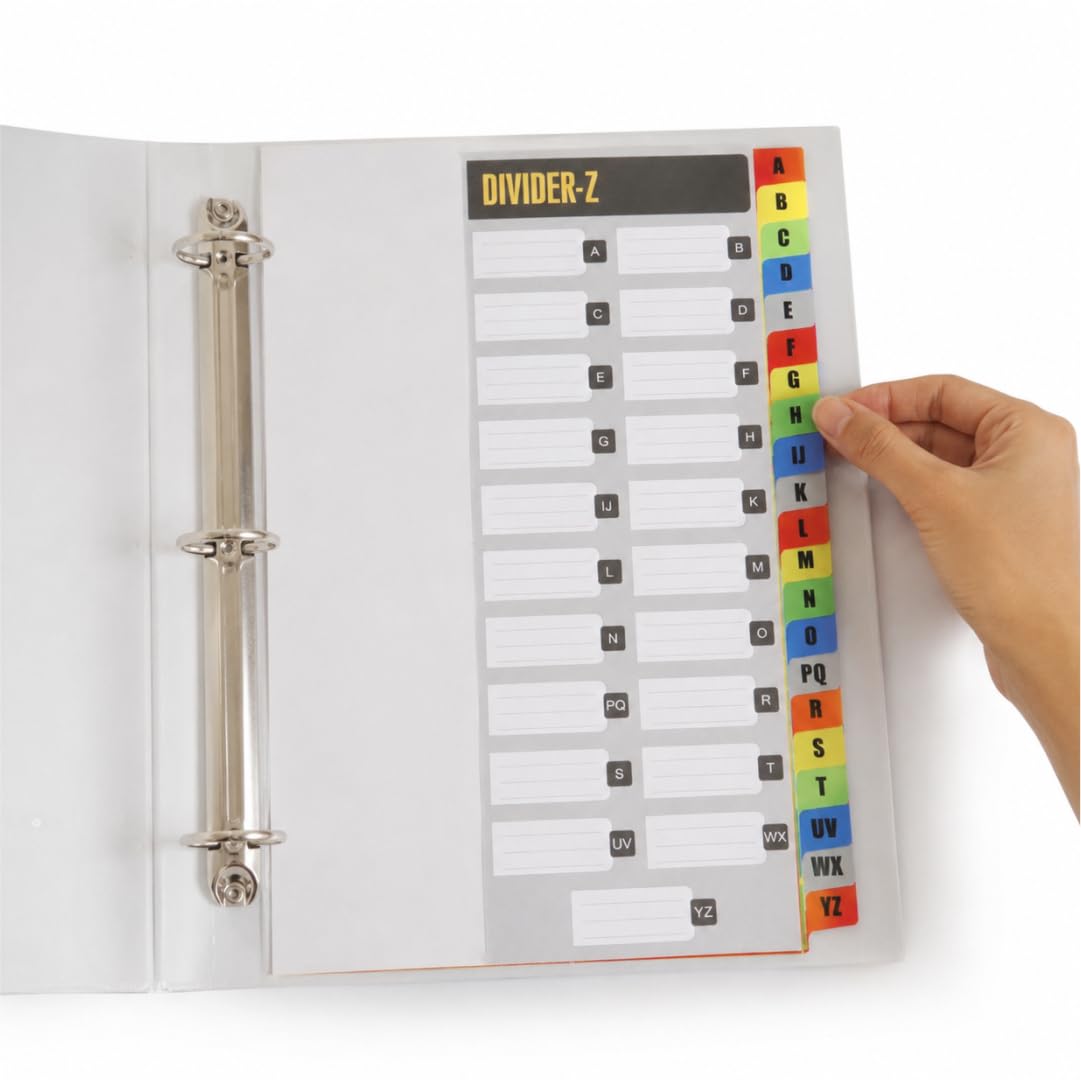 Worldone Multicoloured Divider, A-Z Marked Tabs for Easy Customisation, Tear Resistant PP Material, Smooth Finish, 11 Universal Punch, 2 Packs of A4 size-21 Separators, Ideal for Presentations 3