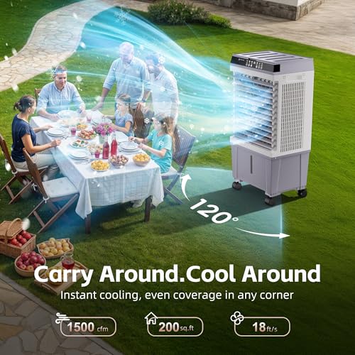 Image of AKIRES 1500CFM Swamp Cooler,Evaporative Air Cooler with 4.7 Gal Water Tank,6 Ice Packs,Evaporative Cooler with 12H Timer,120Oscillation, Windowless Portable Air Conditioners for Indoor,Outdoor