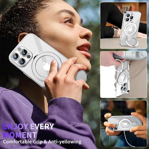 Image of Magnetic for iPhone 16 Pro Case with Invisible Stand[Compatible with MagSafe][Full Camera Lens Protector][Military Drop Protection] Shockproof Not Yellowing Clear Slim Soft for Women Men