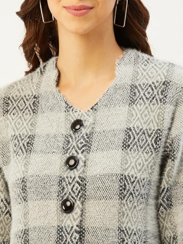 Image of Pivl Acrylic Blend Women Grey Button Closure Long V-Neck Sweater for Winter Large