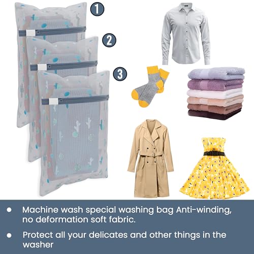 Image of Kuber Industries Set of 9 Polyester Mesh Laundry Bag with Zip | Reusable Washing Bags for Washing Machine | Ideal for Delicate Fabrics, Lingerie & Shoes Protection | YZ-8-1 | Cactus Print - White