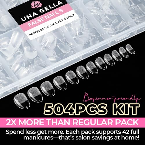 Image of UNA GELLA Extra Short Almond Nail Tips Full Cover 504PCS Gel Nail Tips Short Almond Shaped Nails Tips Soft Gelly Gel Clear Fake Nails Tip for Acrylic Nail Tip Soak Off Home DIY Salon Nails 12 Sizes