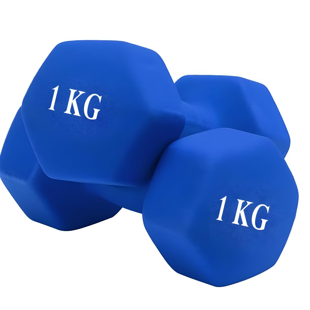 NTEK Neoprene Dumbbells Pair – Hex Hand Weights Set for Women & Men – Anti-Slip, Sweat-Resistant Dumbbell Set for Home Gym, Fitness, Pilates, Arm Workouts & Strength Training (BLUE, 1 KG (1PAIR))