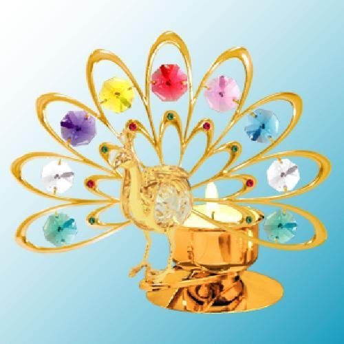24K Gold Plated Deluxe Peacock Tea Light Candle Holder - Multicolor - Swarovski Crystal