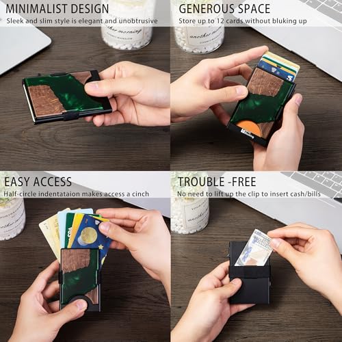 Image of Slim Card Holder Wallet for Men, Minimalist RFID Blocking Pop Up Wallet, Smart Metal Business Card Case Holds 12 Cards, Ultra-Thin Front Pocket Wallet, Gifts for Men