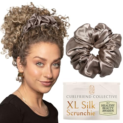 Image of Silk Scrunchies for Women Ponytail Holders - Oversized Mulberry Silk Scrunchies - Extra Large No Damage Hair Ties for Curly, Thick, and Thin - Hair Accessories for Women - London Fog, XL By Curlfriend