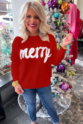 Image of LEMAFER Women 2026 Merry Christmas Round Neck Sequin Letters Sweater Casual Solid Slogan Long Sleeve Pullover Sweatshirt Tops