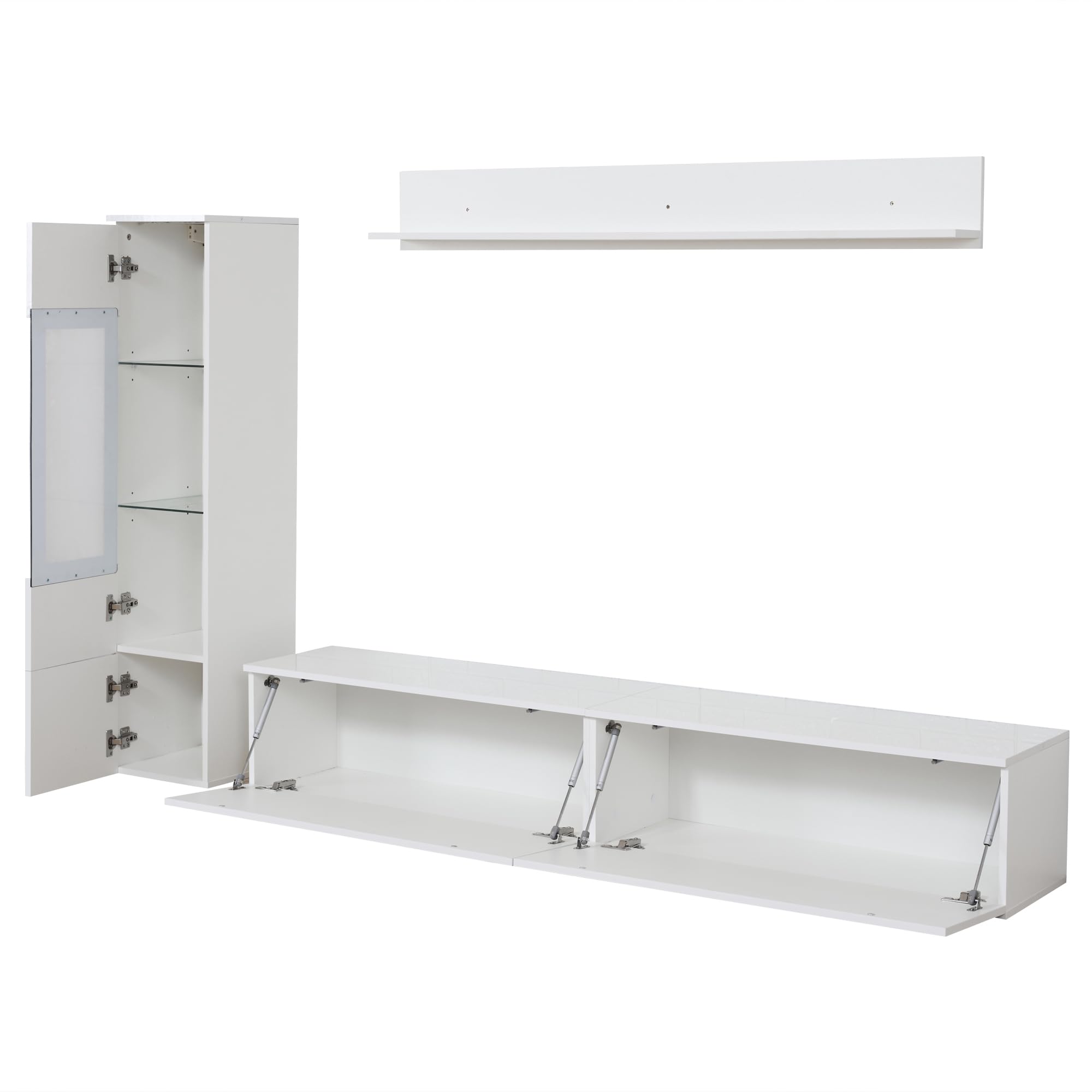 Set di 3 mobili per soggiorno, TV, illuminazione LED, colore: bianco brillante, 1 armadio, 1 mensola sospesa, 1 vetrina