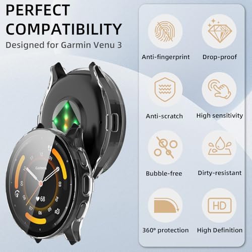 Image of Case Compatible with Garmin Venu 3, Hard PC Case with Tempered Glass Screen Protector, All-Round Protection, Scratch-Resistant and Shock-Absorbing Protective Case for Garmin Venu 3
