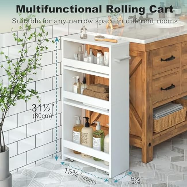 MARTY White Slim Storage Cart with Wheels, 4 Tier Rolling Utility Cart with Handle Slide Out Shelving Unit Organizer Trolley for Laundry Kitchen Bathroom Narrow Places Small Corner-EyM7CBKe