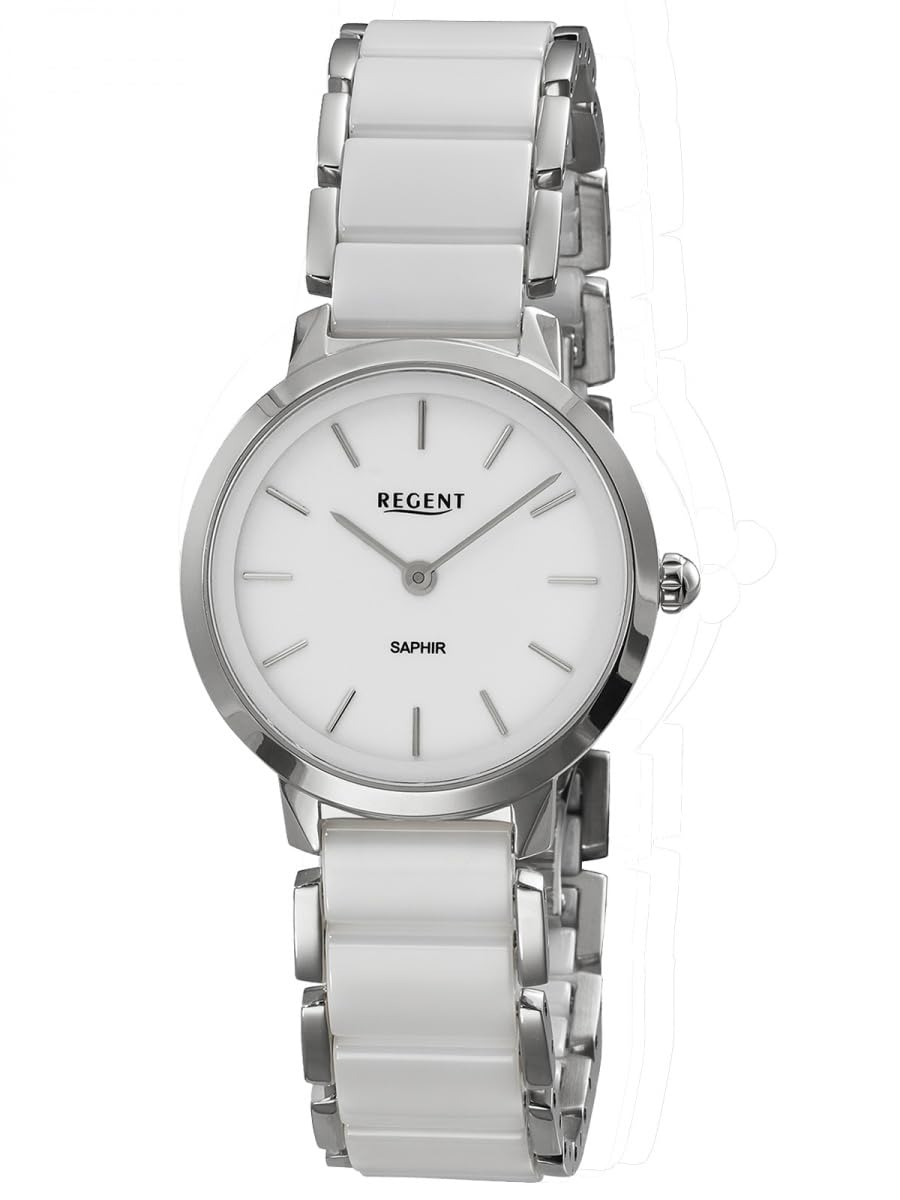REGENT F-1625 Orologio da donna in acciaio inox argento cinturino in ceramica bianco vetro zaffiro 30 mm quarzo orologio da polso donna