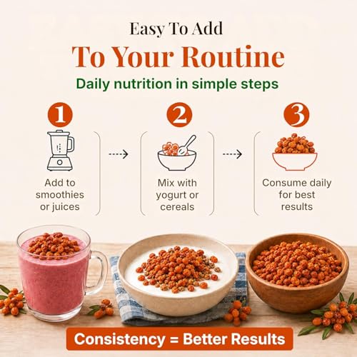 Image of First Bud Organics Himalayan Sea Buckthorn Berry 100g | Sun-Dried, Natural & Unsweetened | Rich in Omega 3 6 7 9, Vitamin C & E | Dried Sea Buckthorn Berry for Skin, Immunity, Gut & Heart | No Preservatives