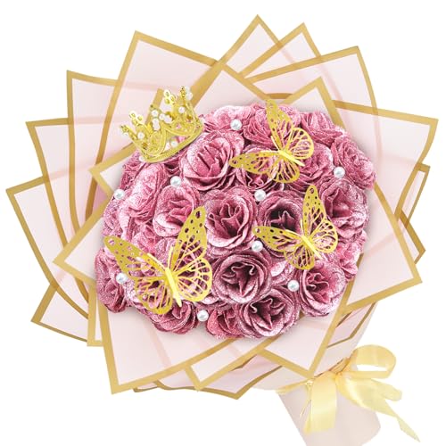 Nagoyuki 24 Stück Glitzer-Rosenstrauß, Glitzer Bouquet, DIY blumenstrauß künstlich mit Krone für Valentinstag, Hochzeit, Verlobung, Geburtstag (Rosa)