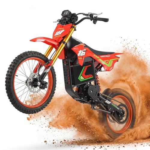 HAPPYRUN F18 Off-Road E-Moto - Electric Dirt Bike for Adults - 6000W Peak Mid-Drive Motor 46 MPH Top Speed 60V 30Ah Battery 60 Mile Range Dual Hydraulic Brakes 17 Front / 14 Rear Tires.