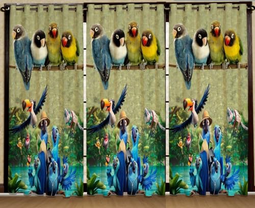 Image of 3D Printed Cartoon Birds Rio Theme Window Kids Room Curtain, School or Kids Care Home Long Door Curtain 4x9 feet Long Set of 3 Pc
