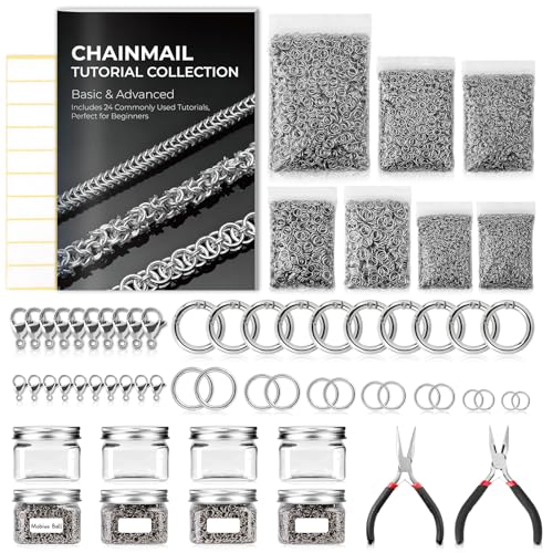 12500+ Pcs Chainmail Kit Stainless Steel Chainmail Jump Rings Bulk Chainmail Rings 3/4/5/5.6/6/7/9mm-ID 2 Handmade Pliers 20 Lobster Clasps 10 Spring Rings with 24 Chainmail Braiding Tutorials