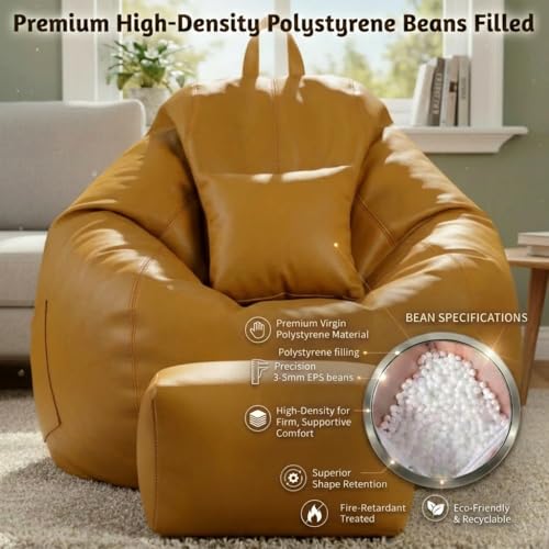 Image of KAM'S LIEU 5XL Luxury Faux Leather Bean Bag with Footrest & Cushion | Pre-Filled High-Density Polystyrene Beans | Premium Leatherette | 6 Months Warranty Color- (Yellow, with Footrest)