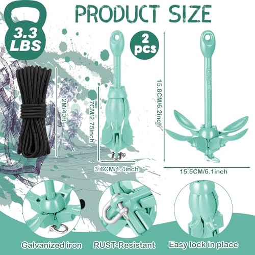 Image of Lounsweer 2 Pack 1.5 /3.5 lb Marine Kayak Anchor Kit Folding Grapnel Anchor Kit Boat Kayak Fishing Accessories for Small Boats Kayaks Canoe Paddle Boards