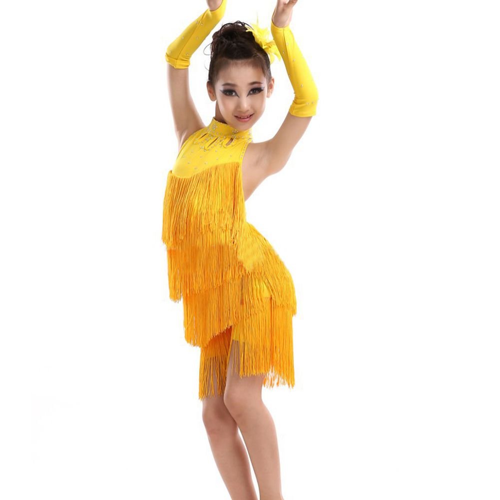 ESHOO Girls Tassel Latin Salsa Dance Dress Sleeveless Halter Dance Costume 4-11 Year