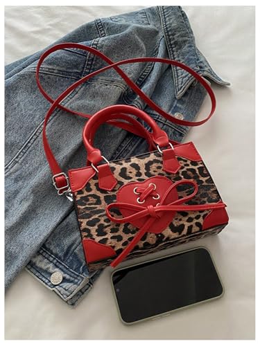 Image of QWINEE Women's Leopard Print Top Handle Satchel Clutch Purse Bowknot Cheetah Square Handbag Crossbody Bag
