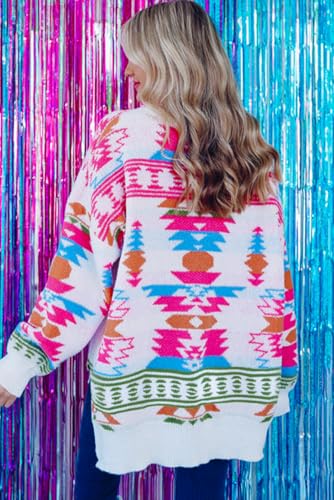 Women's Oversize Aztec Print High Low V Neck Sweater in White3