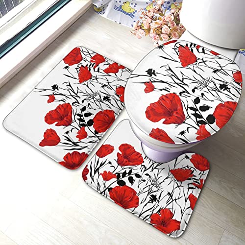 DIRYKILP Badematte + Konturmatte + Toilettendeckelbezug, rote Mohnblume 3-teiliges Badematten-Set, mit rutschfester Unterseite