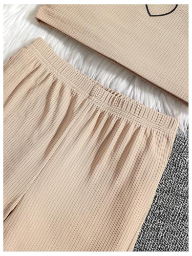 Image of BEAUDRM Girl's 3 Piece Outfits Heart Print Cami Crop Top Long Sleeve High Low Hem Top T Shirt and Wide Leg Pants Set Khaki 11-12Y