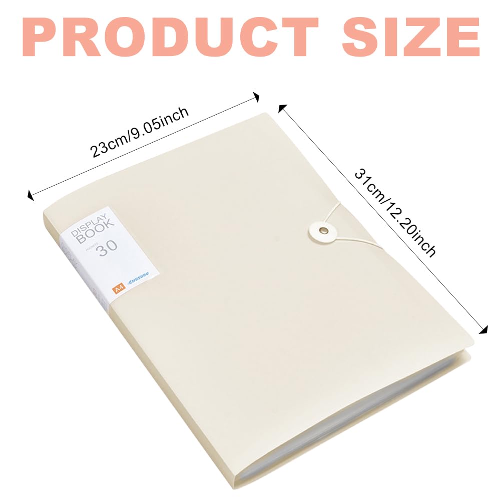 PLUSHCEWT A4 Display Folders Frosted, 30 Pockets Display Book Presentation Project Folder with Plastic Sleeves and Safety Rope, Ideal for School and Office Use (Beige) - Image 3
