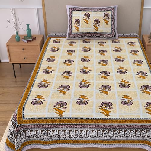 Image of 100% Cotton Single Bedsheet with 1 Pillow Cover | 240 TC Pure Cotton Flat Bed Sheet | Traditional Jaipuri Printed Bedding Set | Soft & Breathable | 60 x 90 Inch (Rangmahal Single 04)