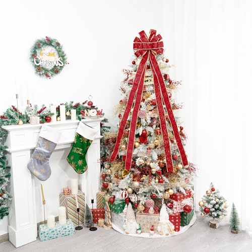 Hismir Christmas Tree Topper Bow，53x13 Inches Large Christmas Bow with Glitter Streamer and Patterned Ribbon，Decorative Bows for Xmas Tree Wreath Door Festival Home Decor(Red) by Hismir - Image 5