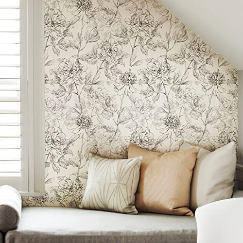 Jiffdiff Black And White Floral Wallpaper Peonies Removable Peel And Stick Floral Wallpaper Sketched Floral Self-Adhesive Prepasted Wallpaper Wall Decor (Sketched Floral (17.3" X 118") #TOP2