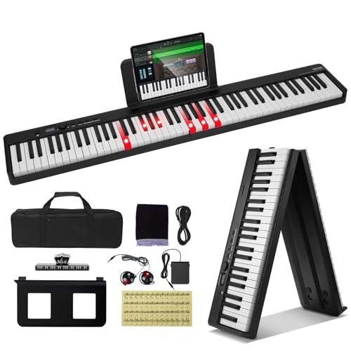 VEVOR Teclado de Piano Plegable 88 Teclas Bluetooth y MIDI Piano Electrónico Digital Portátil con Pedal de Sostenido Teclas Iluminadas Recargable para Principiantes, Adolescentes, Adultos, Negro