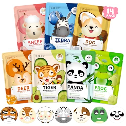 KONEUK 14 Pack Kids Face Mask Set Cute Animal Face Masks Skincare for Kids Spa Day Kit and Spa Party Supplies for Girls Teens Bulk Skin Care Set for Girls
