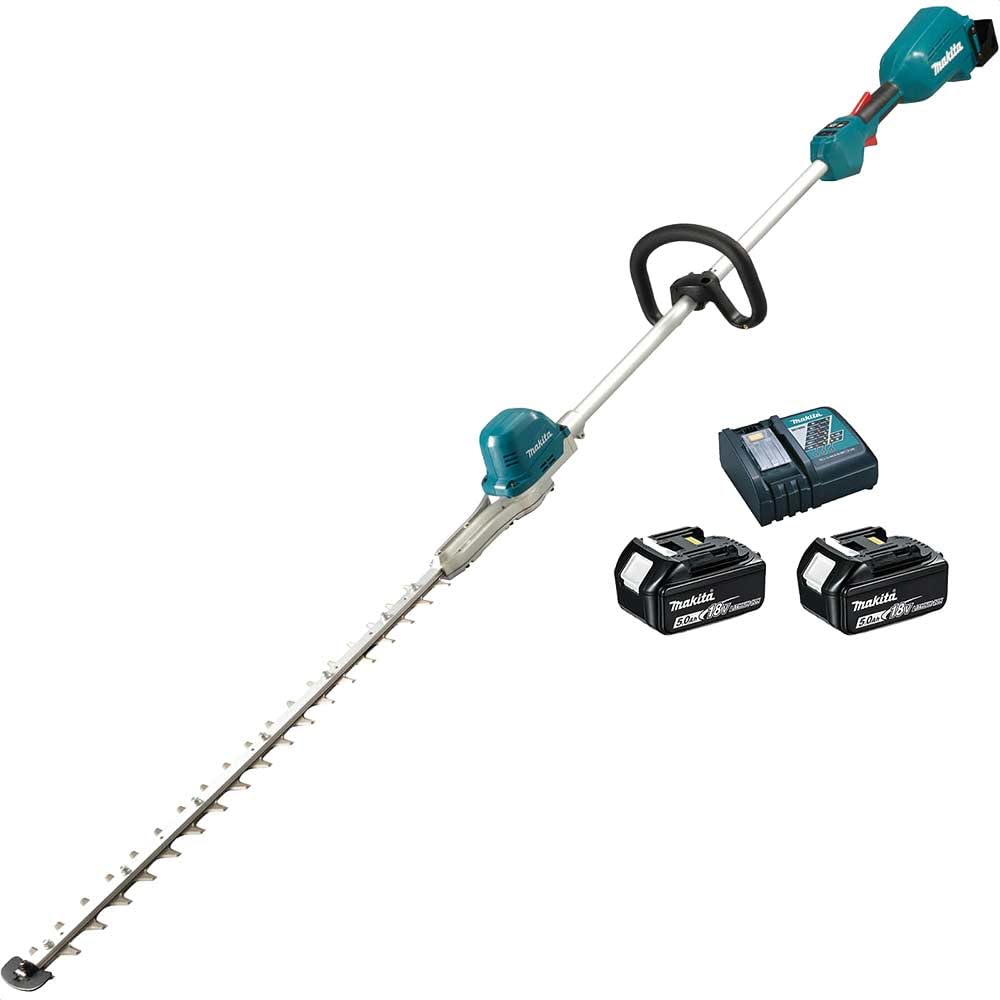 Makita Turquoise Dun600lrte 18V Li-Ion Lxt Brushless Pole Hedge Trimmer Complete With 2 X 5.0 Ah Batteries And Charger