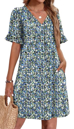 Image of OFEEFAN Summer Dresses for Women Ruffle Short Sleeve V Neck Casual Shift Dress with Pockets